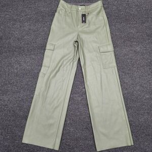 NWT Express Womens 2R Olive Green Faux Leather High Rise Wide Leg Cargo Pants